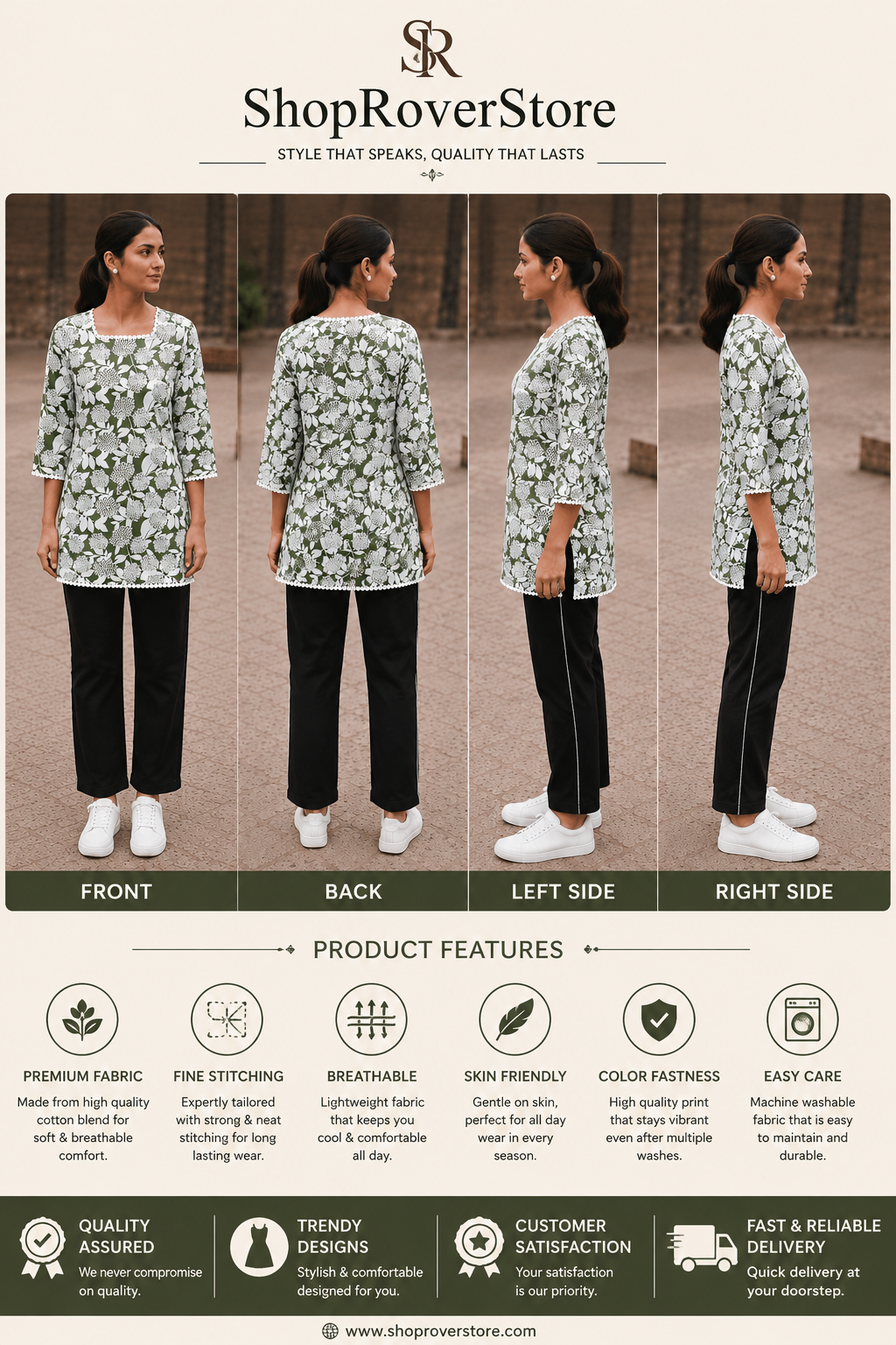 Women's Green Floral Print Cotton Kurti Top