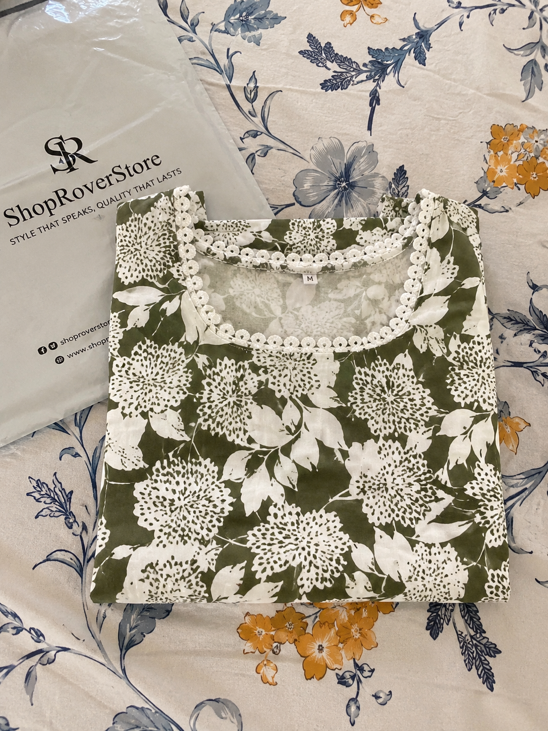 Women's Green Floral Print Cotton Kurti Top