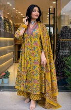 Yellow Floral Cotton Kurta Palazzo Dupatta Set for Women