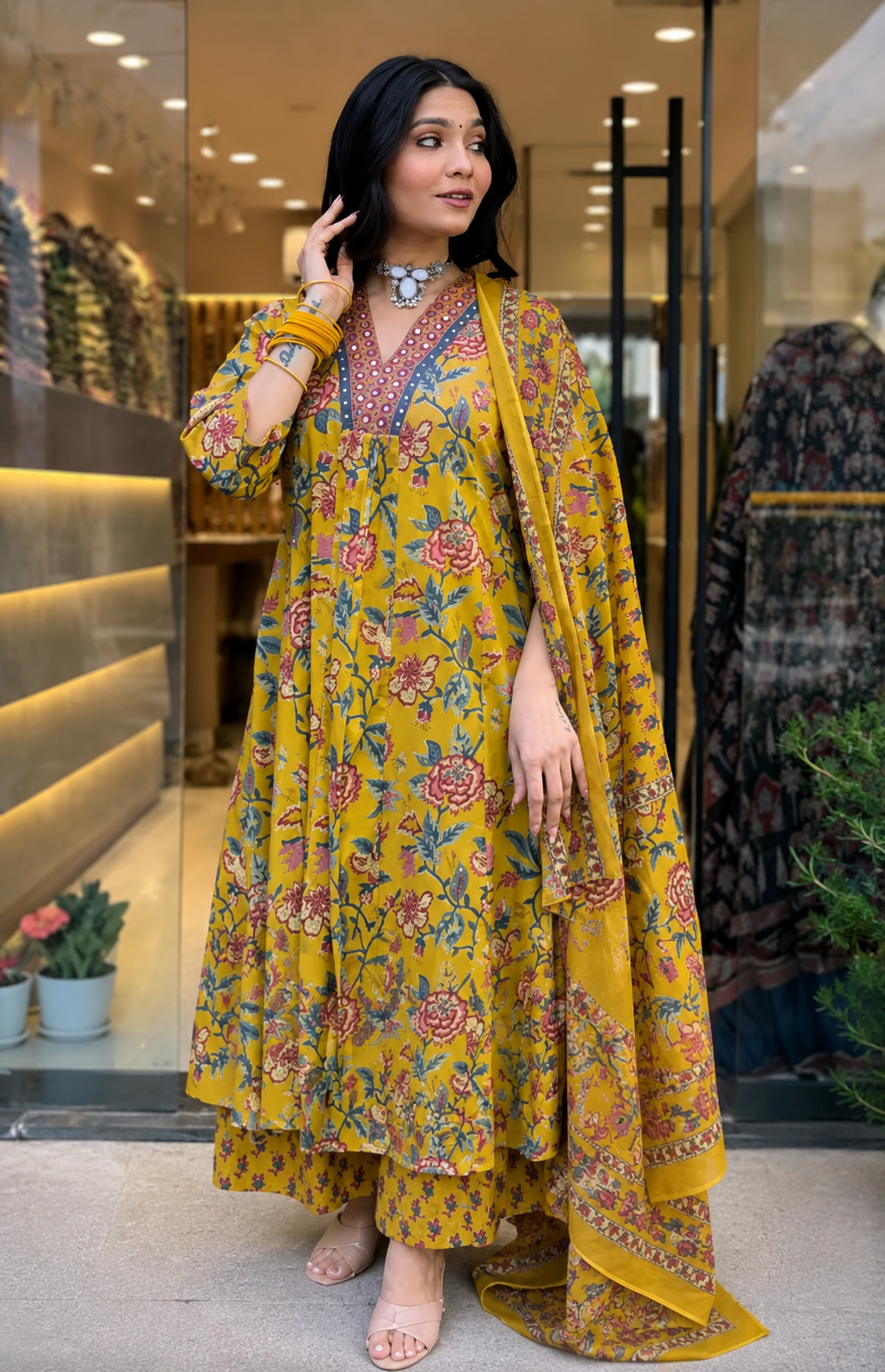 Yellow Floral Cotton Kurta Palazzo Dupatta Set for Women