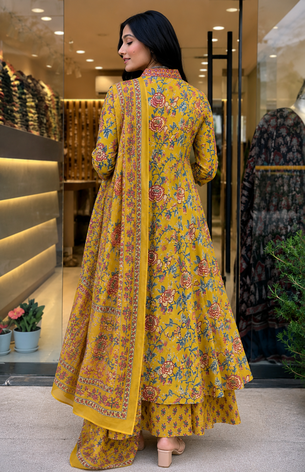 Yellow Floral Cotton Kurta Palazzo Dupatta Set for Women