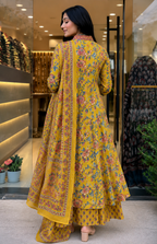 Yellow Floral Cotton Kurta Palazzo Dupatta Set for Women