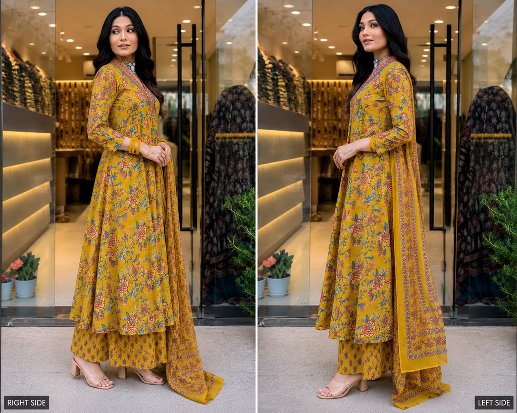 Yellow Floral Cotton Kurta Palazzo Dupatta Set for Women