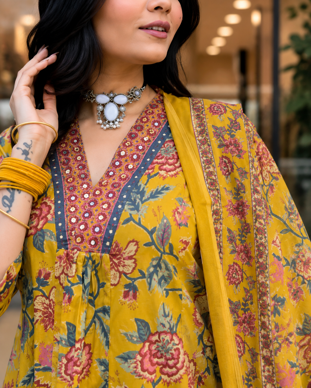 Yellow Floral Cotton Kurta Palazzo Dupatta Set for Women