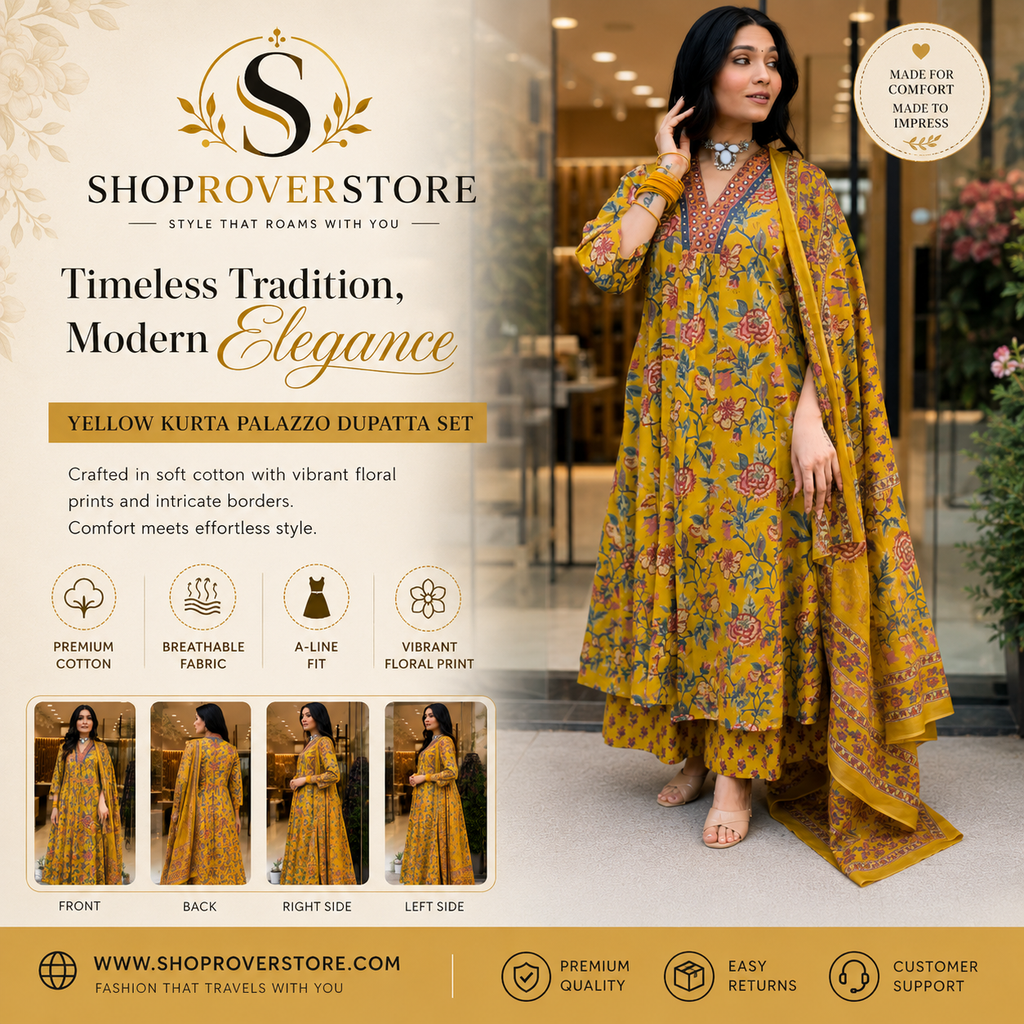 Yellow Floral Cotton Kurta Palazzo Dupatta Set for Women